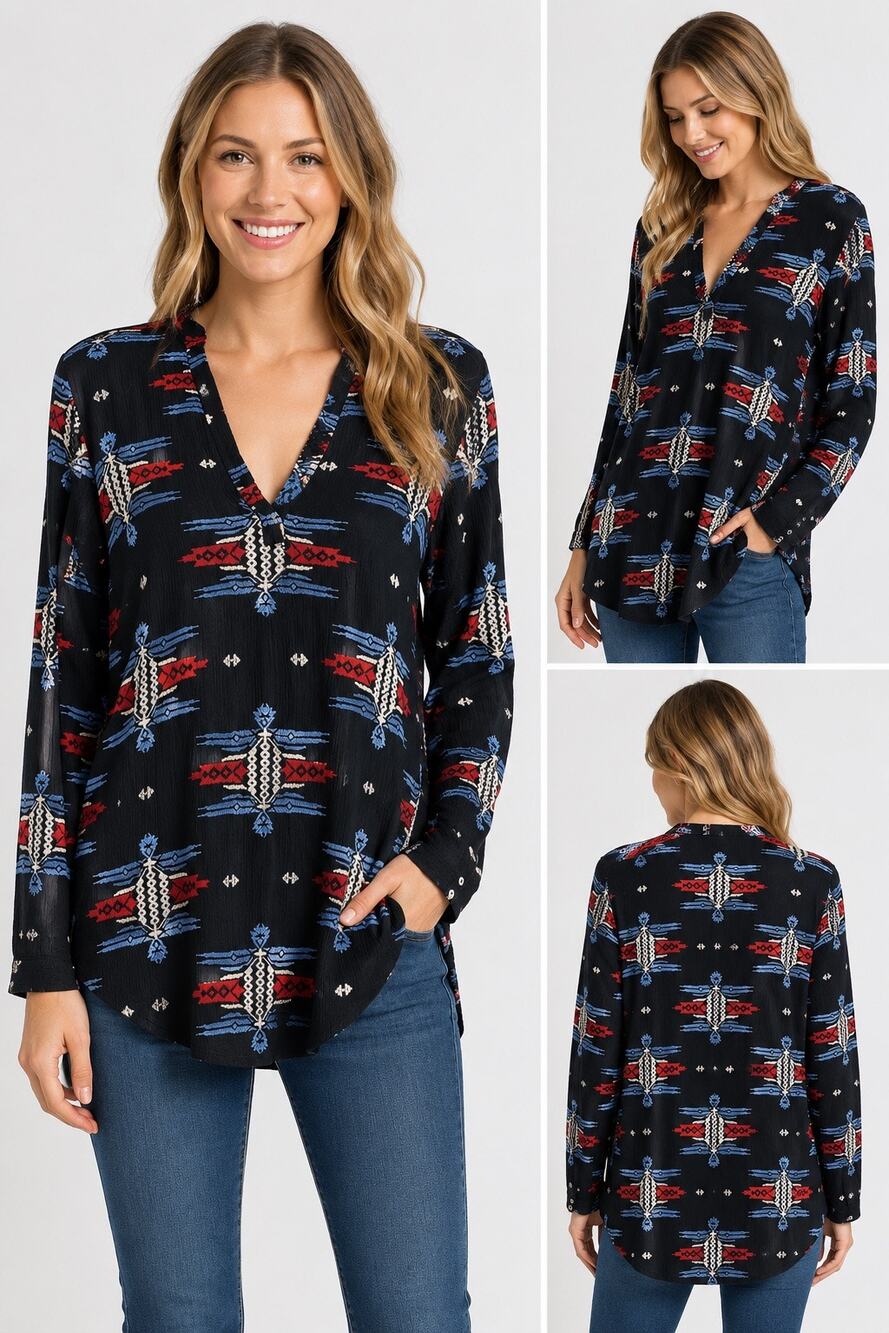 Honey Punch Embroidered Tribal Print Tunic Top with Pockets | Size Large